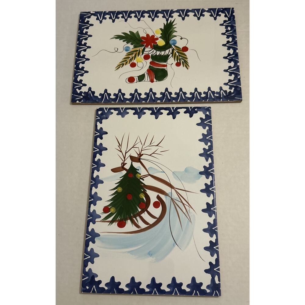 Italian Zanolli Handpainted Ceramic Christmas Trivets Set Of 2 Large 12”
